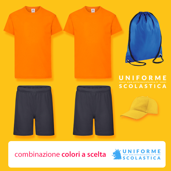 Divisa Summer Camp arancione - La divisa summer camp bambino arancione è composta da due T-shirt bambino, due pantaloncini, sacca per vestiti e cappellino.